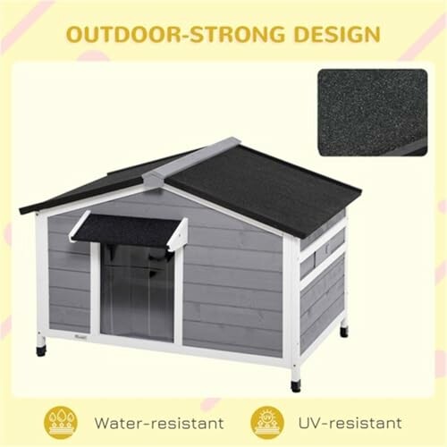 Outdoor dog house with water and UV-resistant features.